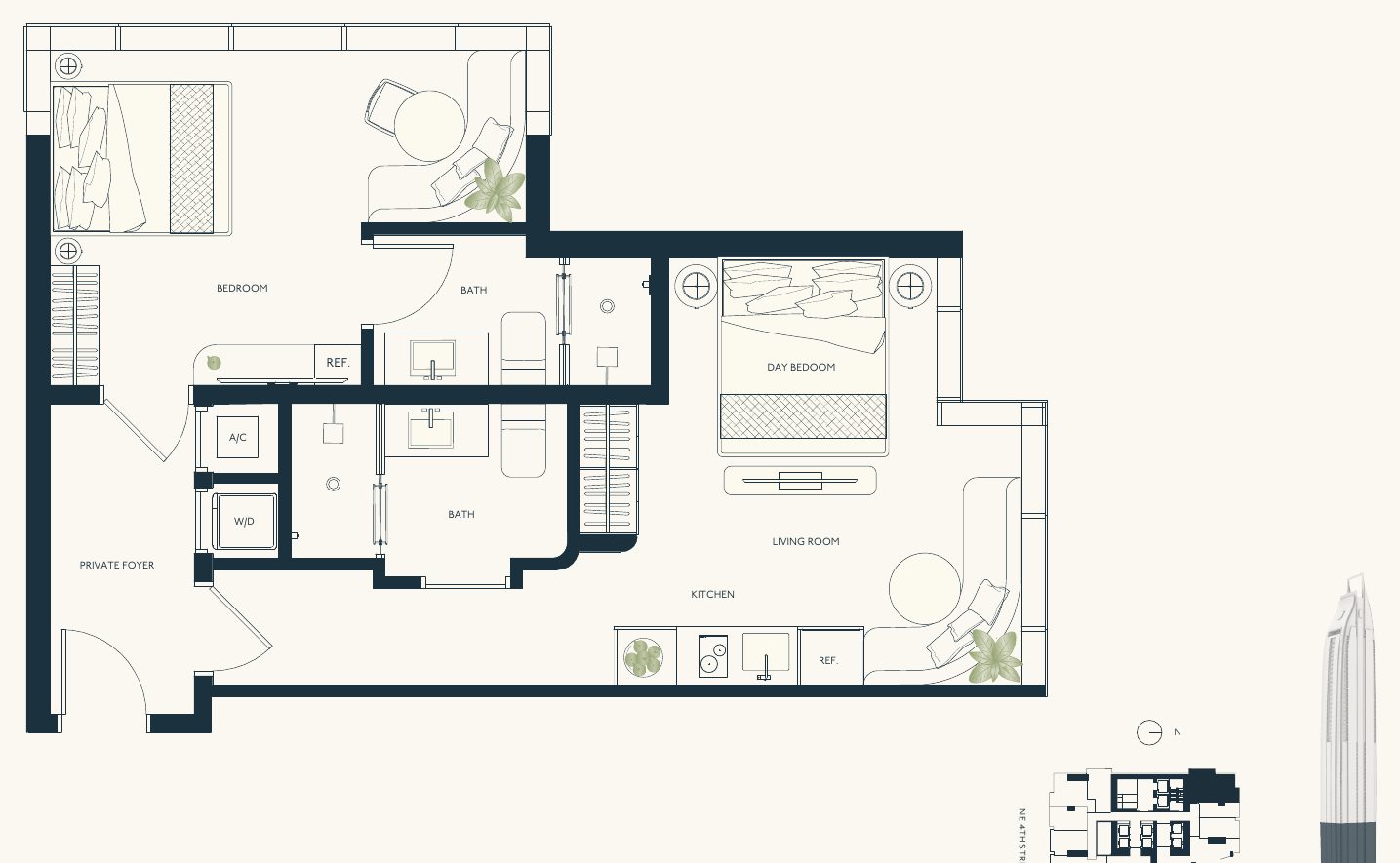 Floor plan, Delano Collection Line 08, levels 20–33, two bedroom