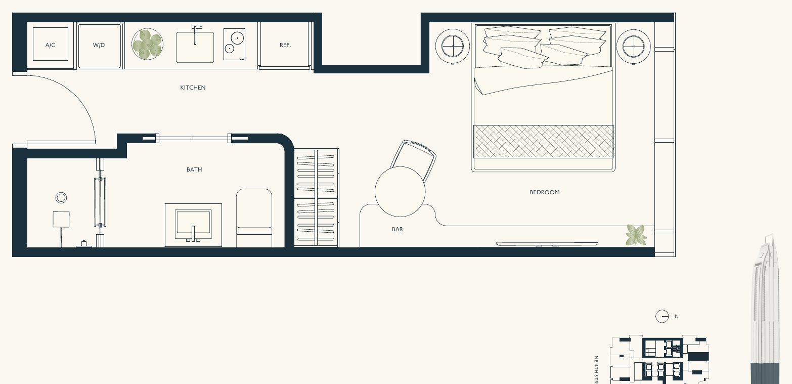 Floor plan, Delano Collection Line 09, levels 20–33, studio