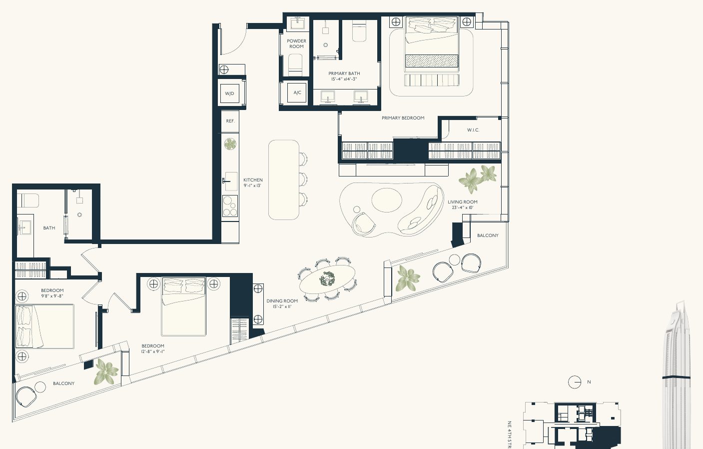 Floor plan, Delano Residences Line 01, level 58, three bedroom