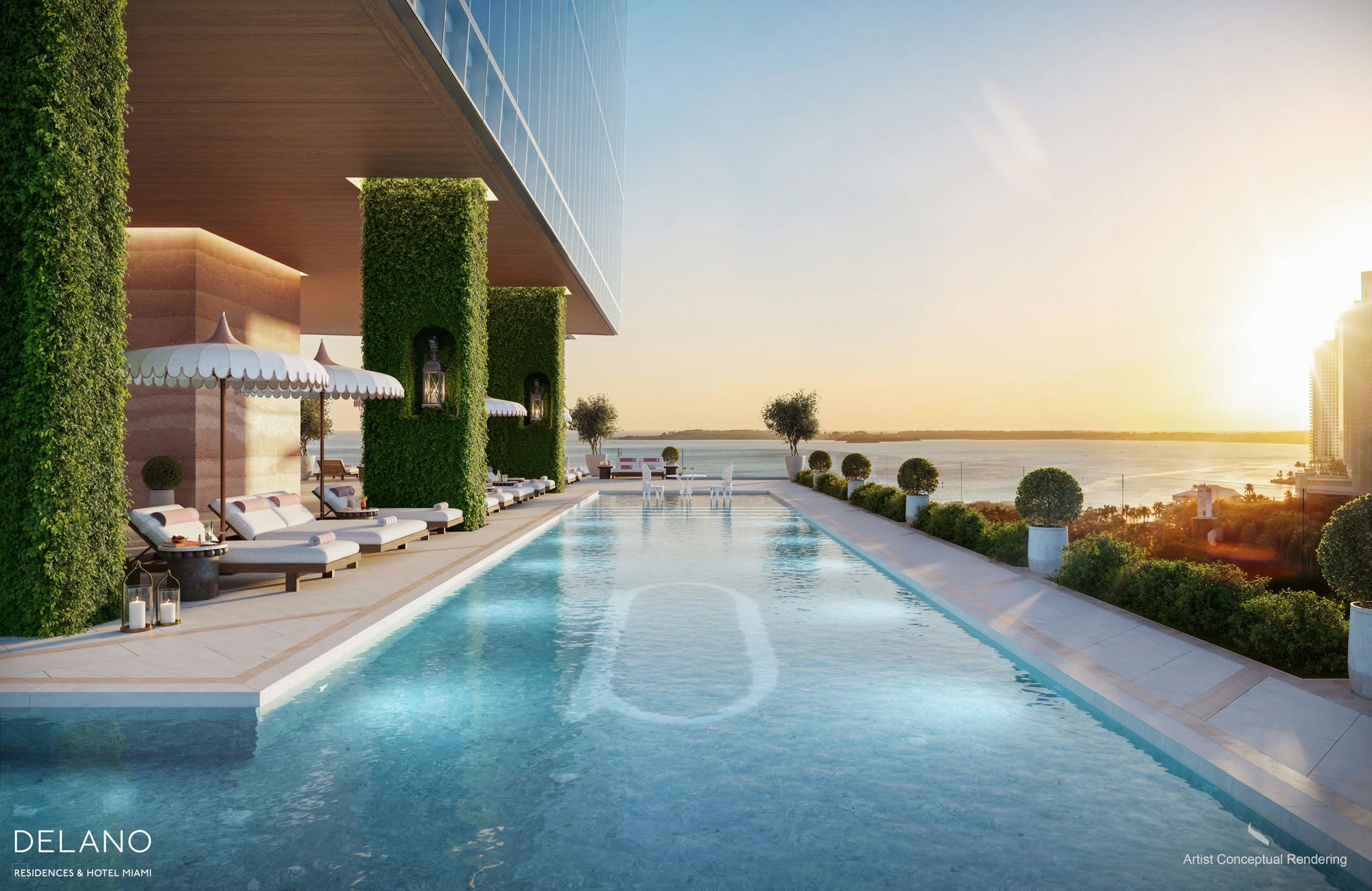 Resort-style pool deck overlooking Biscayne Bay